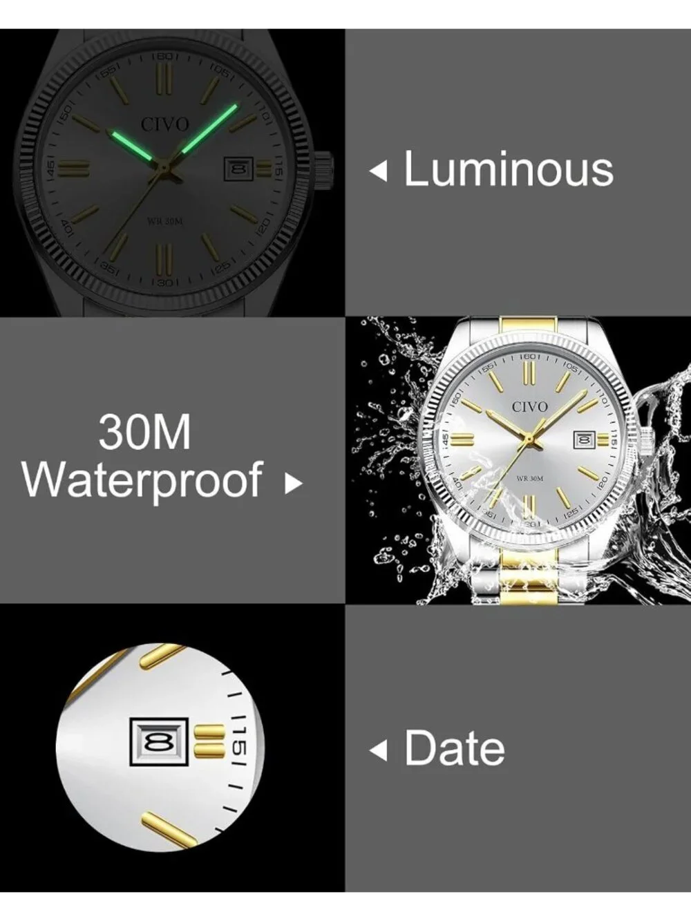 Mens Silver Gold Analog Quartz Skeleton Stainless Steel Round Casual Wrist Watch